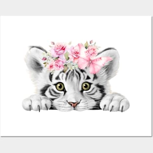 Cute Baby Tiger With Pink Flowers And Butterfly Posters and Art